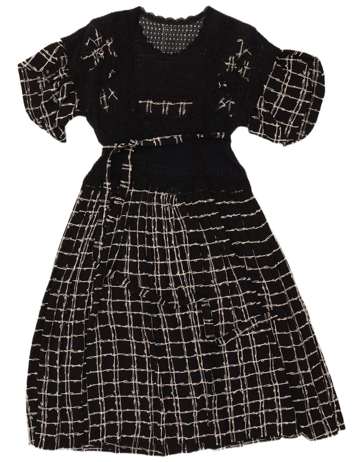 VINTAGE Mujer Crochet Maxi Vestido Reino Unido 12 Cheque Negro Medio