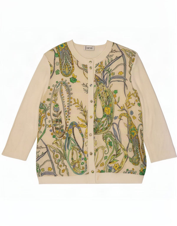 Vintage mujer 3/4 manga camisa blusa EU 40 medio off blanco Paisley seda