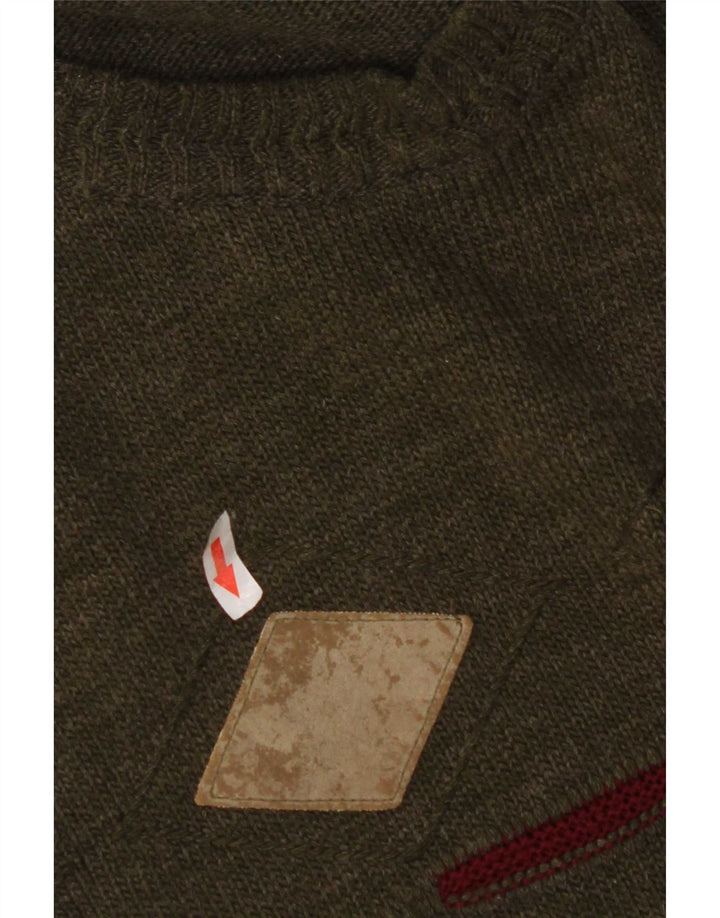 Vintage hombres cuello redondo jersey suéter medio caqui Argyle/Diamante