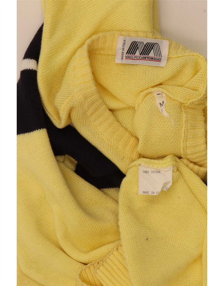 Vintage hombres botón cuello jersey suéter medio amarillo colorblock algodón
