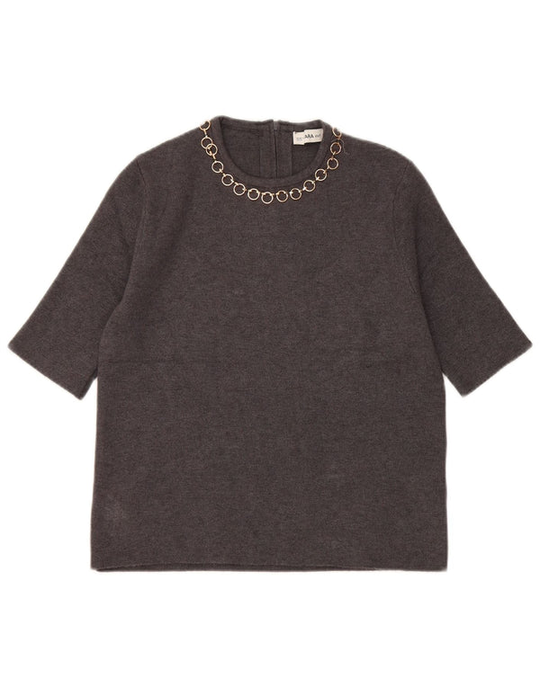 Zara Mujer Crop Blusa Top UK 10 Small Gris Viscosa
