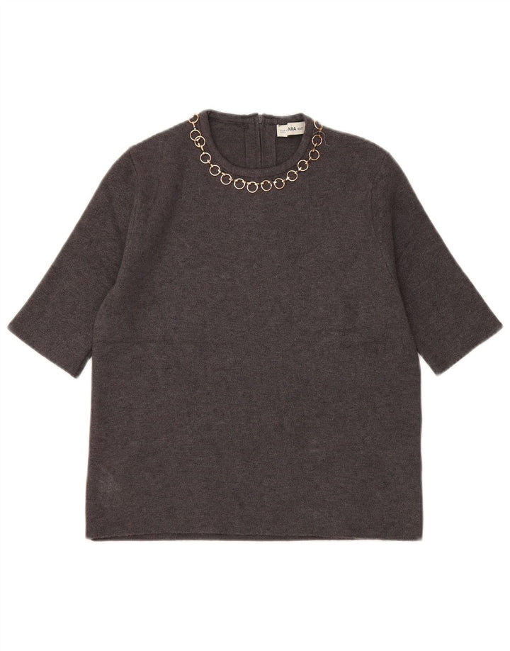 Zara Mujer Crop Blusa Top UK 10 Small Gris Viscosa