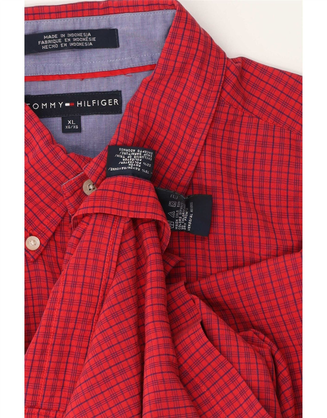 Tommy Hilfiger Camisa de manga corta para hombre XL Rayón de cuadros rojos