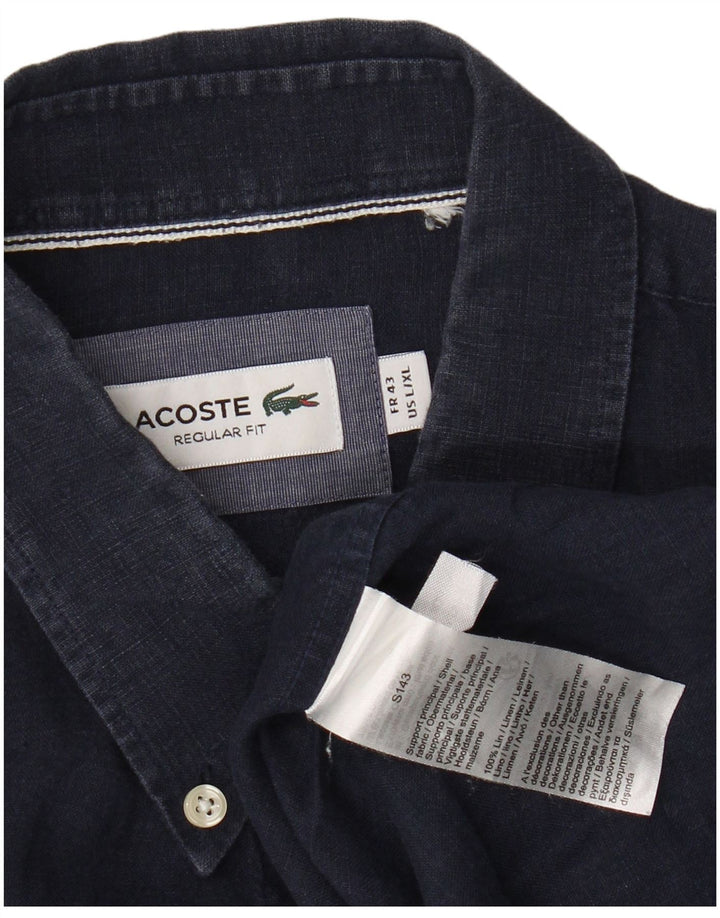 LACOSTE Camisa de corte regular para hombre Talla 43 Grande Lino azul marino