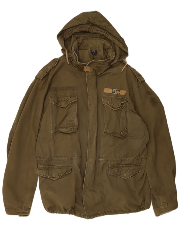 VINTAGE Chaqueta militar con capucha para hombre Reino Unido 44 2XL Algodón caqui