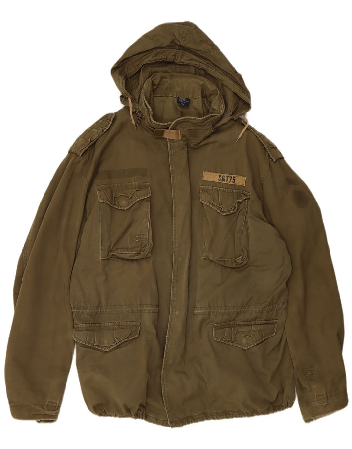 VINTAGE Chaqueta militar con capucha para hombre Reino Unido 44 2XL Algodón caqui