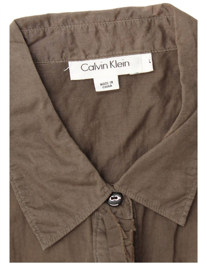 CALVIN KLEIN Camisa de manga 3/4 con volantes en la parte delantera para mujer UK 44 Grande Algodón marrón