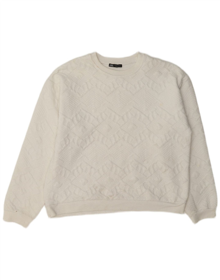 Zara Mujer Relaxed Fit Sudadera Jumper UK 40 Medium Blanco Geométrico