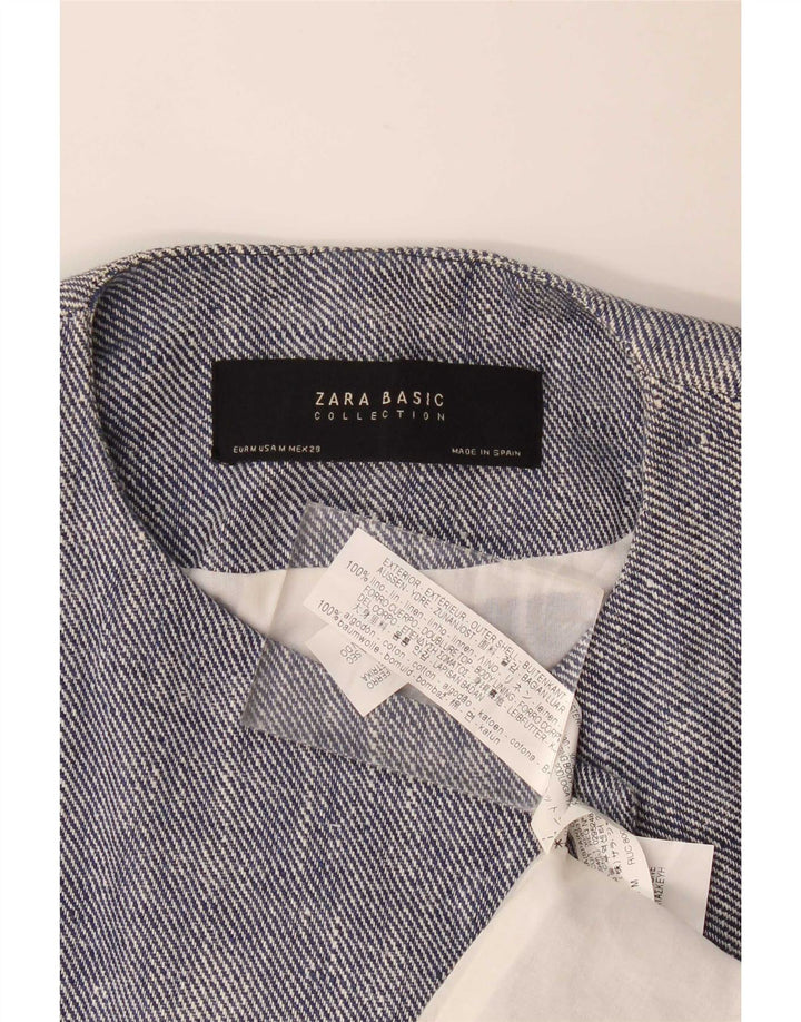 Zara Chaqueta Americana Larga Abierta para Mujer UK 12 Medium Blue Linen
