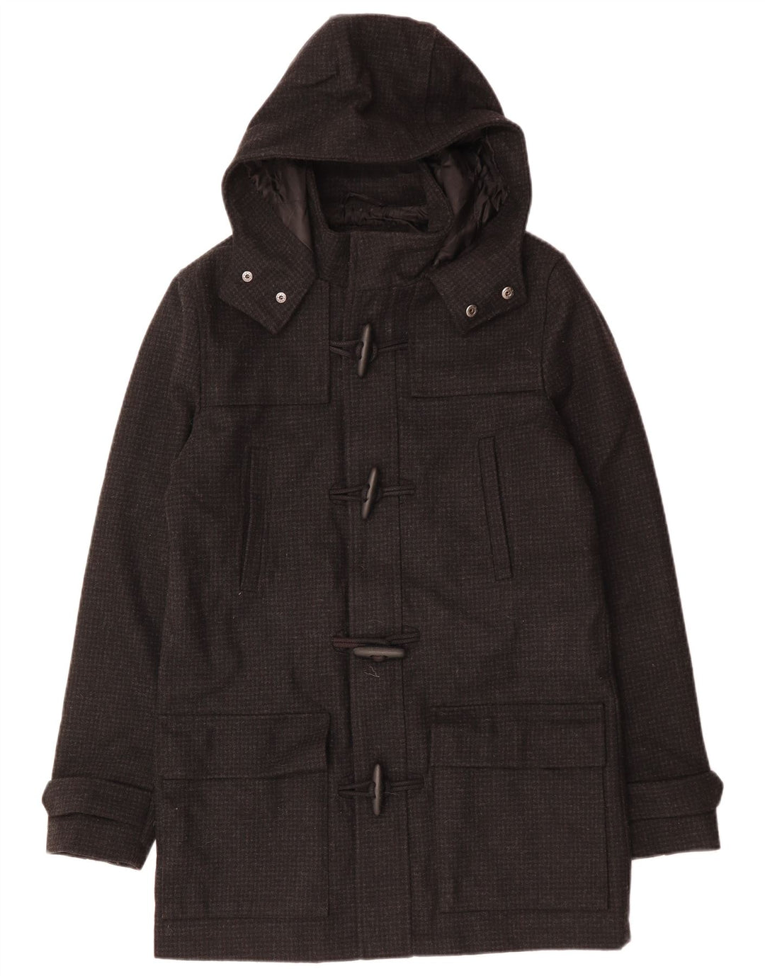 VINTAGE Abrigo de lona con capucha para hombre Reino Unido 38 Pata de gallo negra mediana