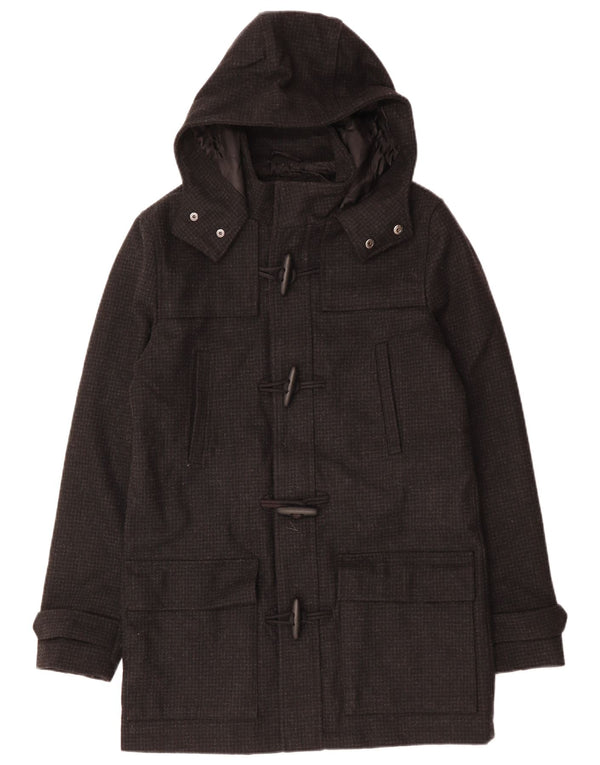 VINTAGE Abrigo de lona con capucha para hombre Reino Unido 38 Pata de gallo negra mediana