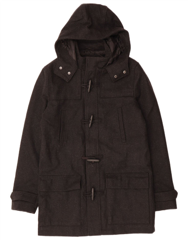 VINTAGE Abrigo de lona con capucha para hombre Reino Unido 38 Pata de gallo negra mediana