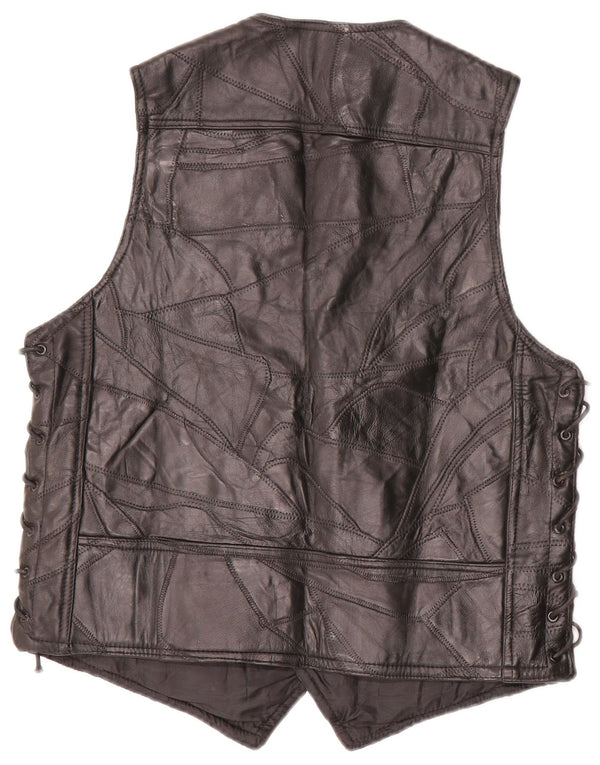 Vintage hombres motorstyle cuero chaleco medio negro patchwork
