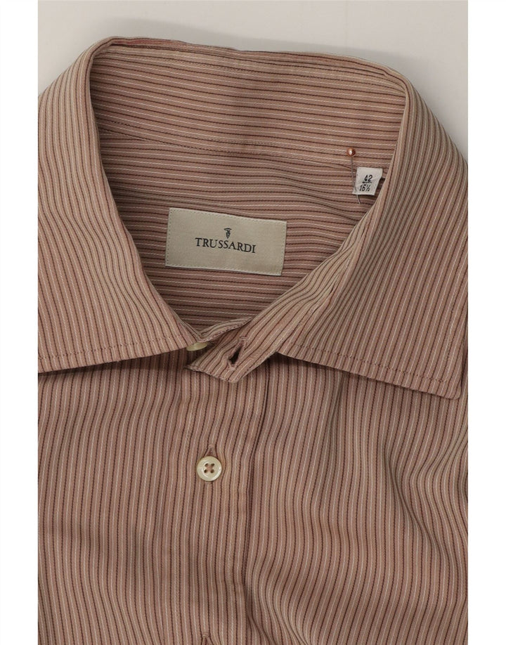 TRUSSARDI Camisa para hombre Talla 42 16 1/2 Grande Marrón Algodón a rayas