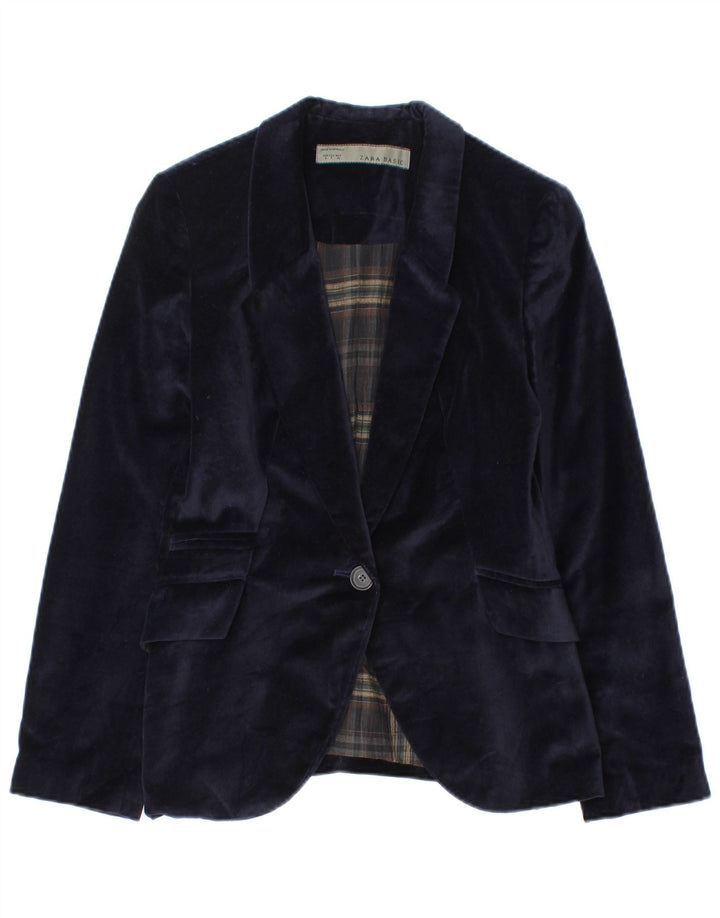 Zara Chaqueta Blazer De Terciopelo Con 1 Botón Para Mujer UK 8 Small Azul Marino Algodón