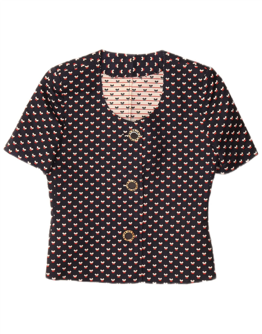 VINTAGE Mujer 3 Botones 2 Piezas Set UK 12 Medio Azul Marino Manchado