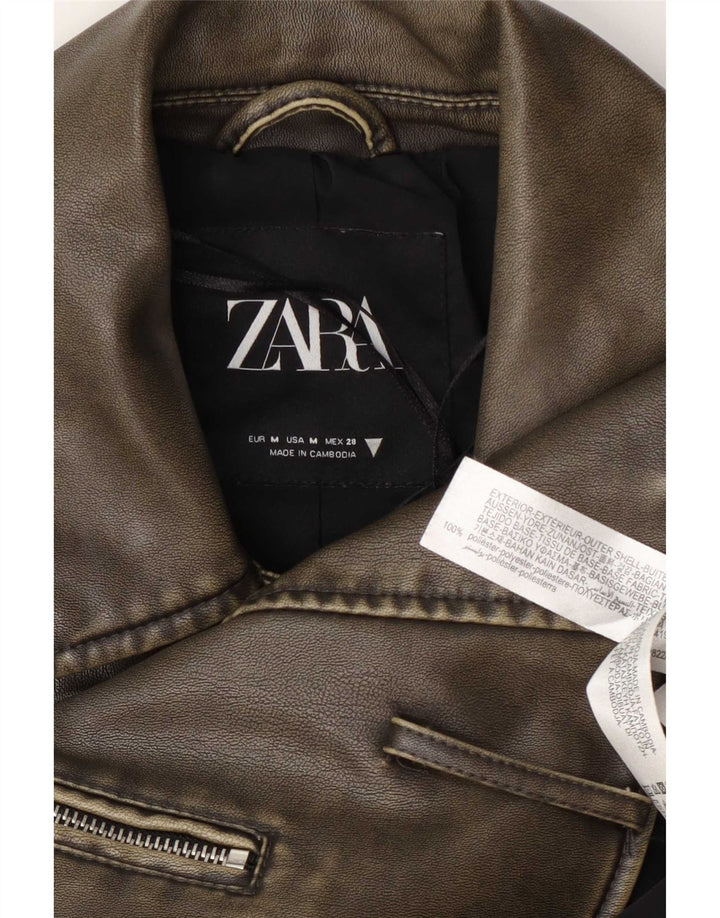Zara Chaqueta Motera Corta De Piel Sintética Para Mujer UK 44 Poliéster Caqui Mediano