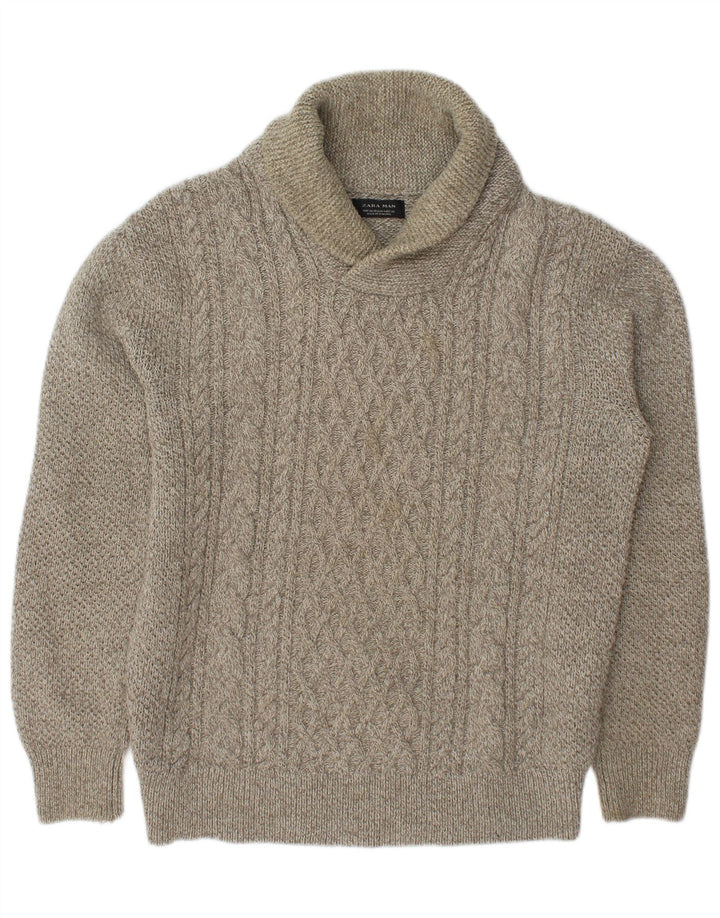 Zara Hombre Jersey Con Cuello Chal Acrílico Moteado Beige Medio