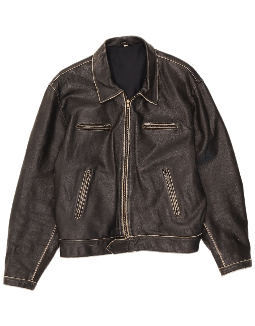 Chaqueta de cuero vintage para hombre IT 54 2XL Negro