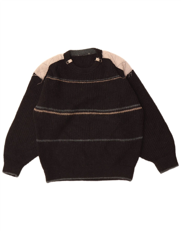 Vintage hombres cuello redondo jersey suéter medio negro colorblock