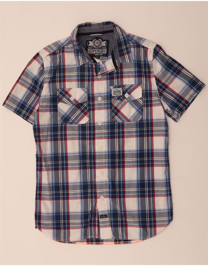 SUPERDRY Camisa de manga corta para hombre de algodón a cuadros azul marino grande