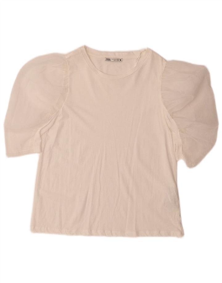 Zara Mujer Blusa Top Reino Unido 10 Pequeño Algodón Blanco