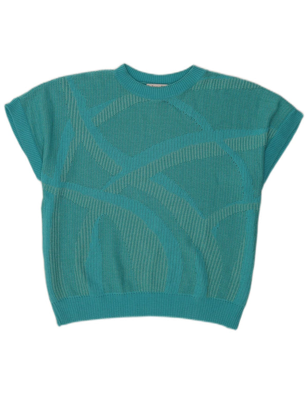 Vintage mujer manga corta blusa de punto Top IT 46 Grande Turquesa Geométrica