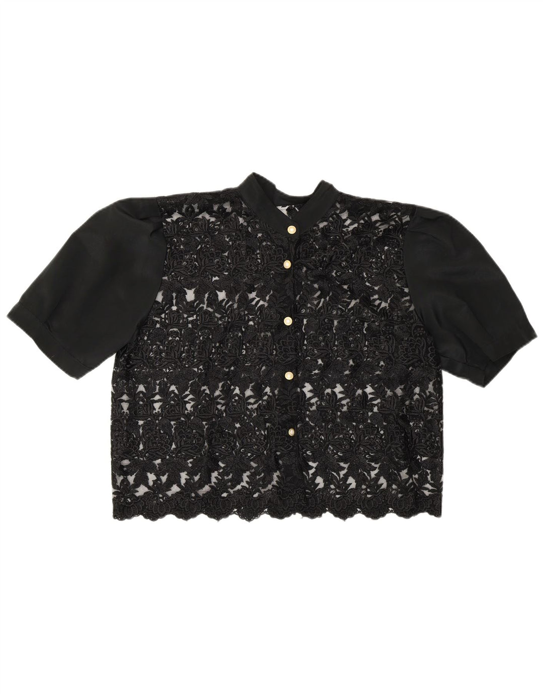 Vintage mujer crop ver a través de camisa blusa Reino Unido 14 medio negro floral