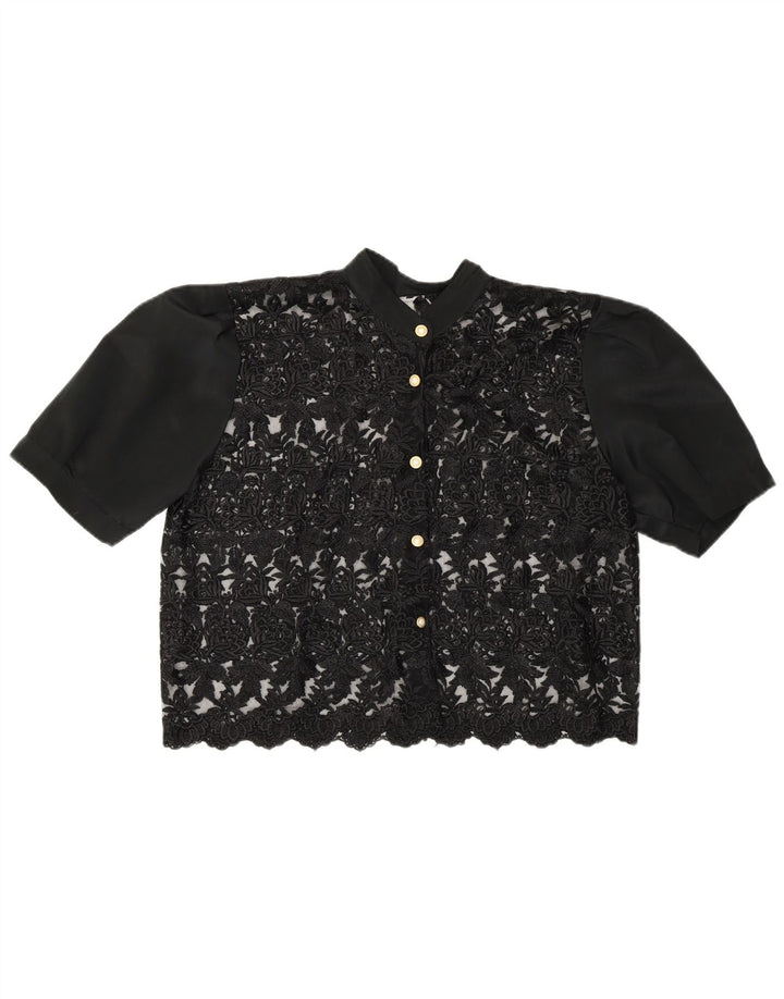 Vintage mujer crop ver a través de camisa blusa Reino Unido 14 medio negro floral