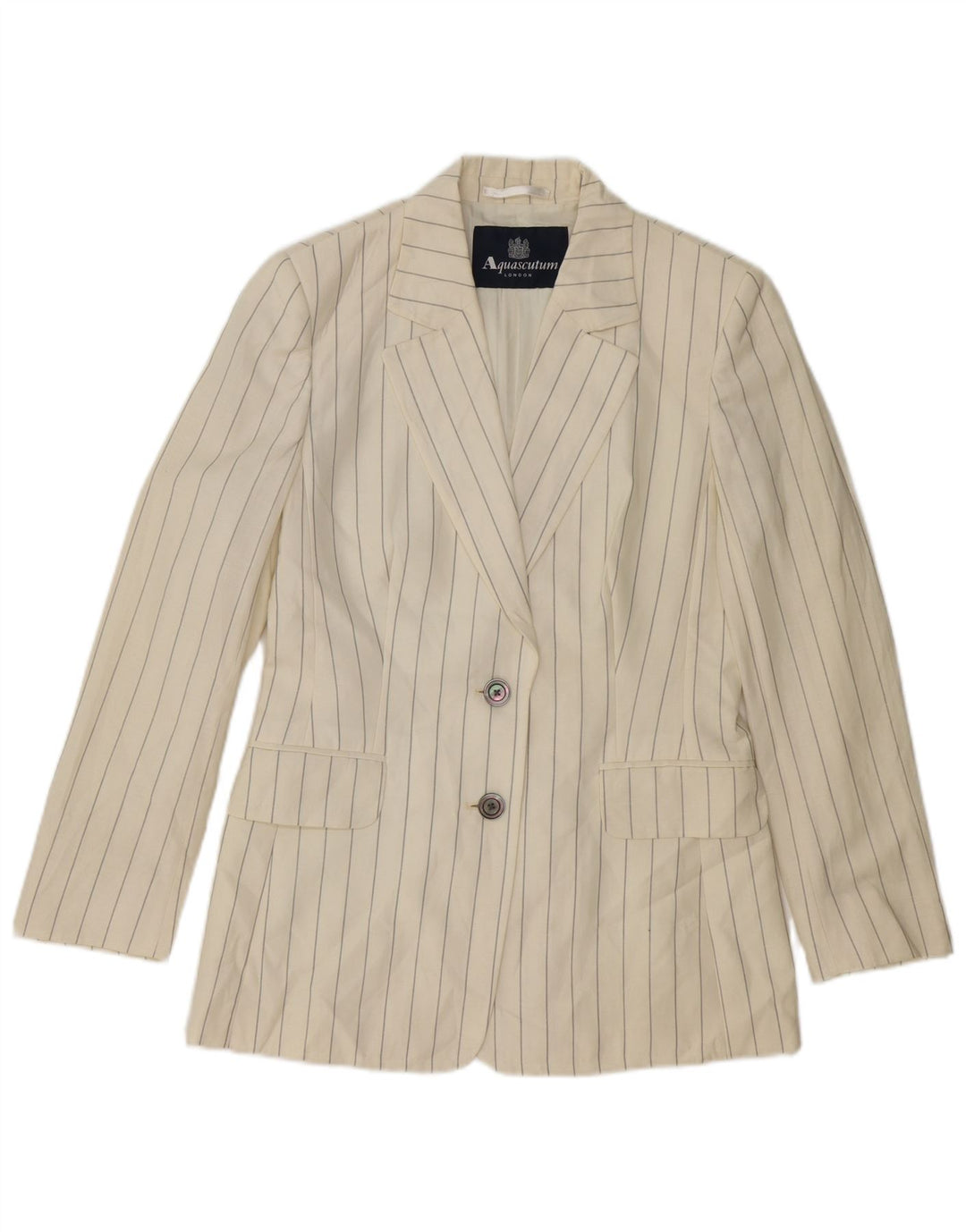 AQUASCUTUM Chaqueta tipo blazer de 2 botones para mujer UK 10 Small White Lana a rayas