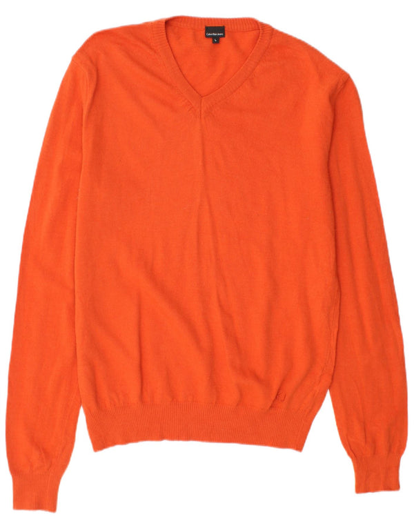 CALVIN KLEIN JEANS Jersey con cuello en V para mujer UK 44 Grande Lana naranja