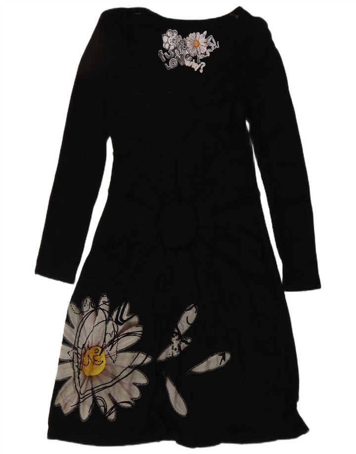 Desigual Vestido básico de manga larga para mujer UK 44 Grande Viscosa floral negra