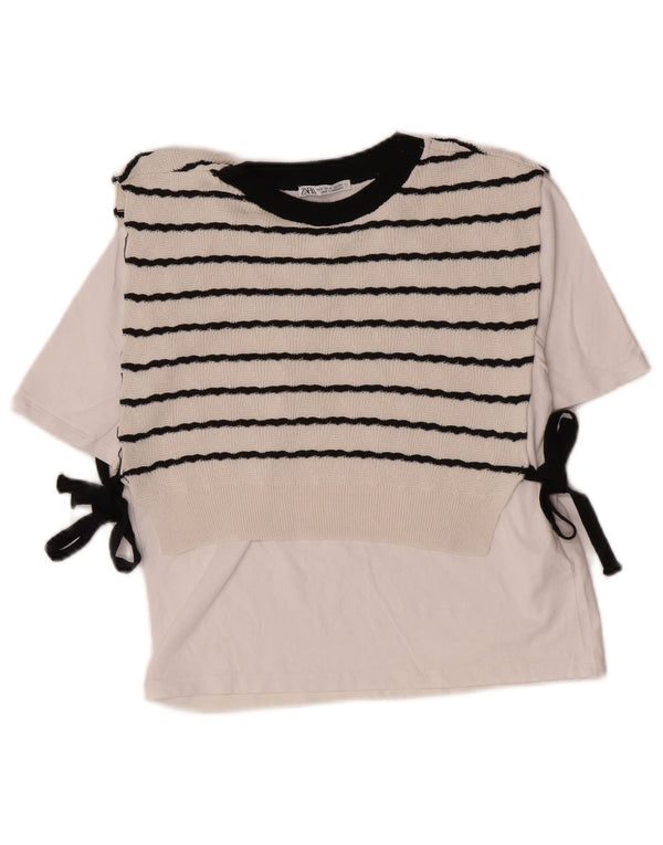 Zara Mujer Crop Blusa Top UK 10 Small Blanco Rayas Algodón