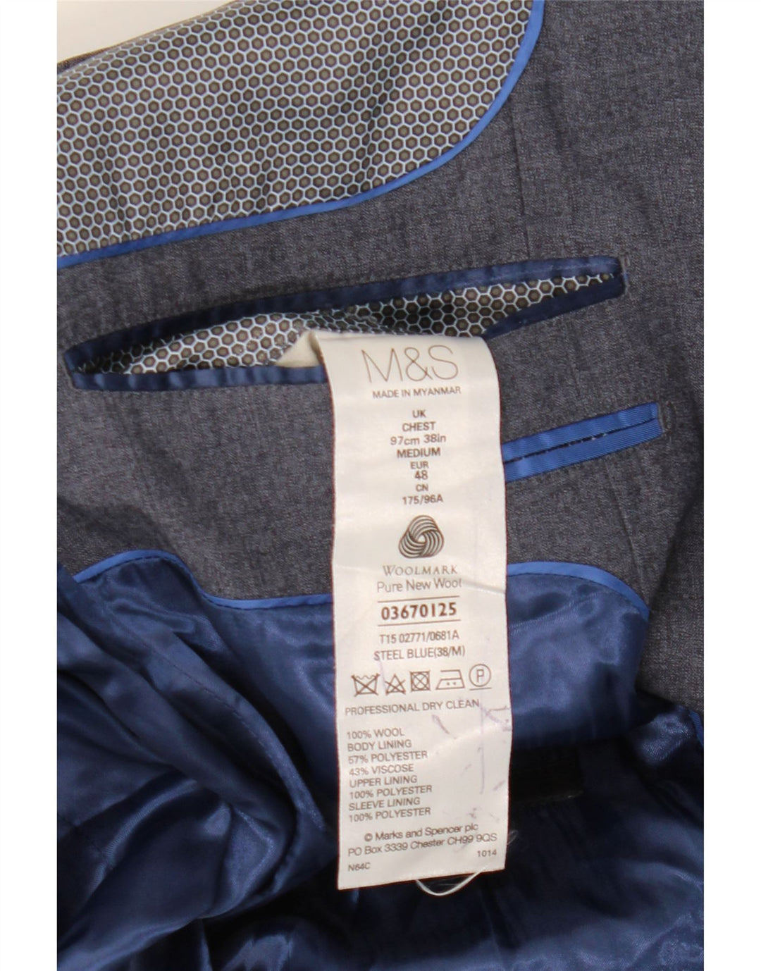 Marks & Spencer Chaqueta tipo blazer con 1 botón para hombre UK 38 Lana azul mediana