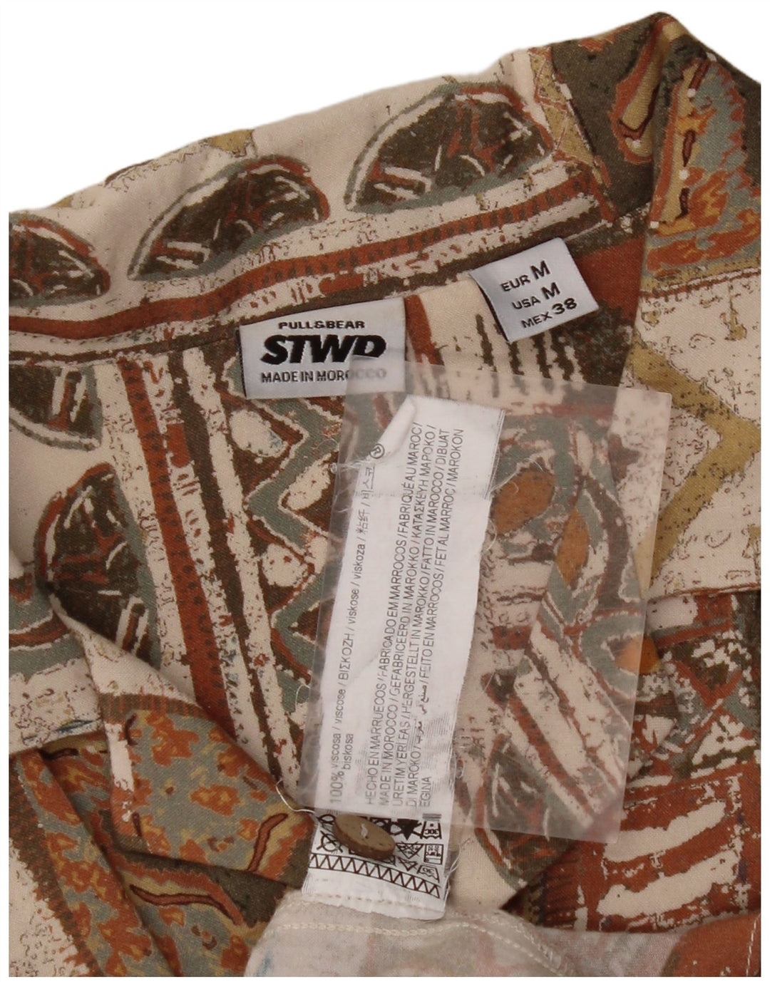 PULL & BEAR Camisa Manga Corta Hombre Talla 38 Medium Beige Patchwork