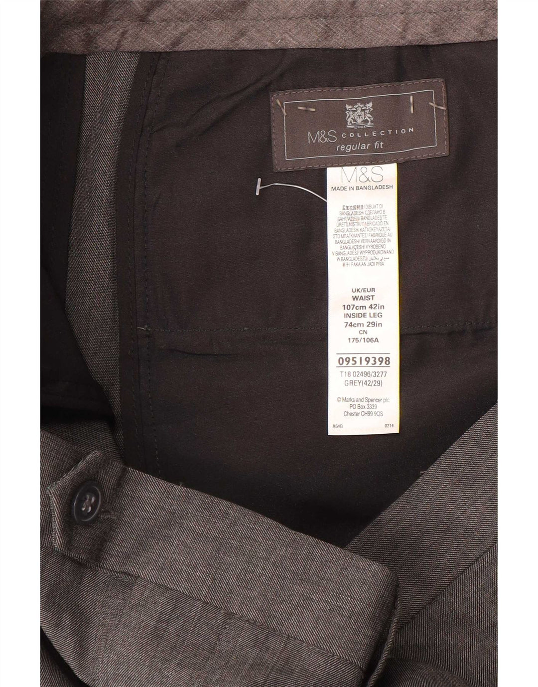 Marks & Spencer Pantalón de traje de corte regular para hombre W42 L29 Poliéster gris