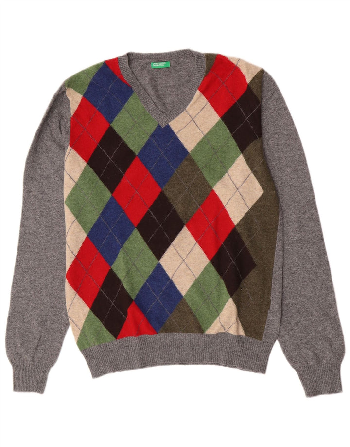 Benetton Jersey Con Cuello En V Gris Medio Argyle/Lana Diamante