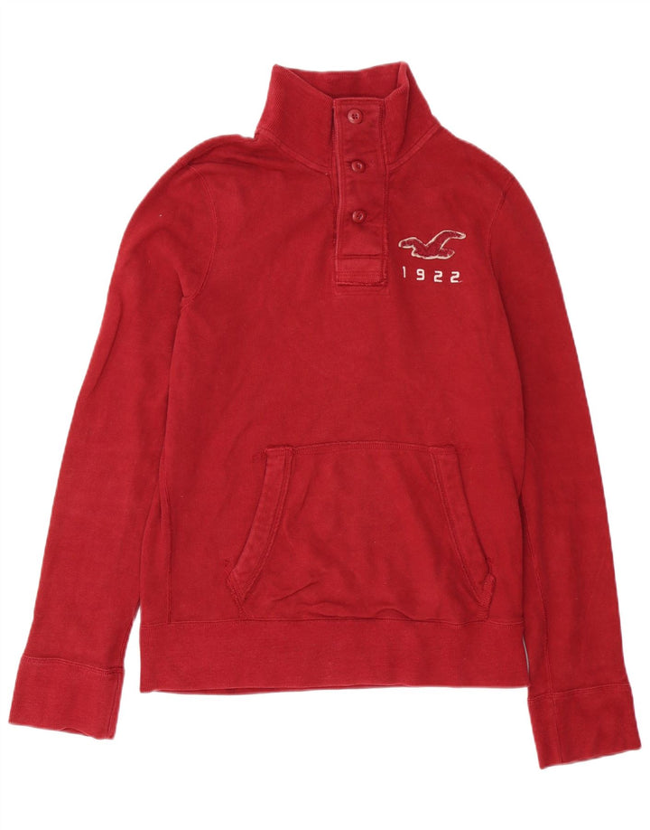 Hollister Hombre Gráfico Botón Cuello Sudadera Jumper Algodón Rojo Medio