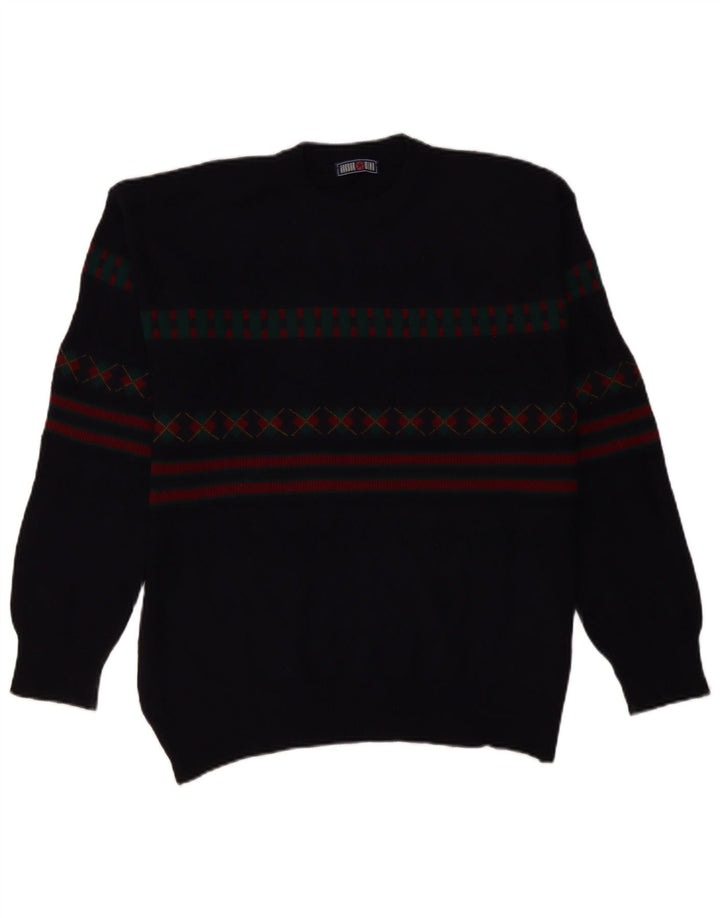 VINTAGE Hombres Turtle Neck Jumper Suéter IT 50 Grande Azul Marino Geométrico