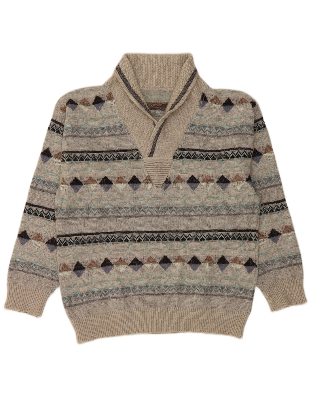 Vintage hombres chal cuello jersey suéter IT 50 gris medio Argyle/Diamante