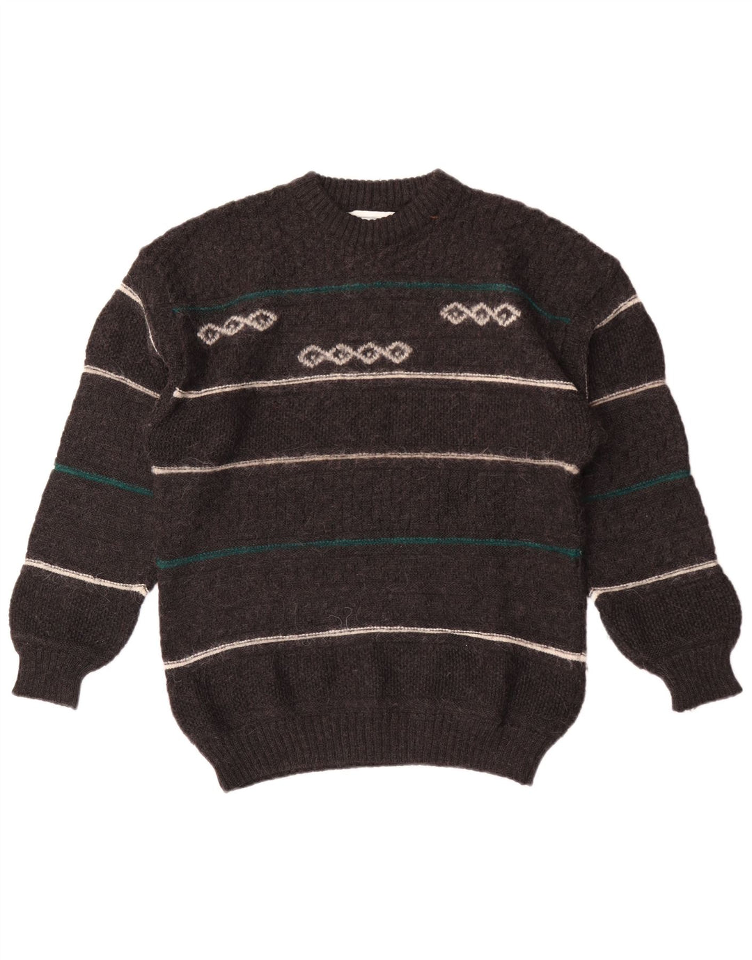Vintage hombres cuello redondo jersey suéter medio gris rayas lana