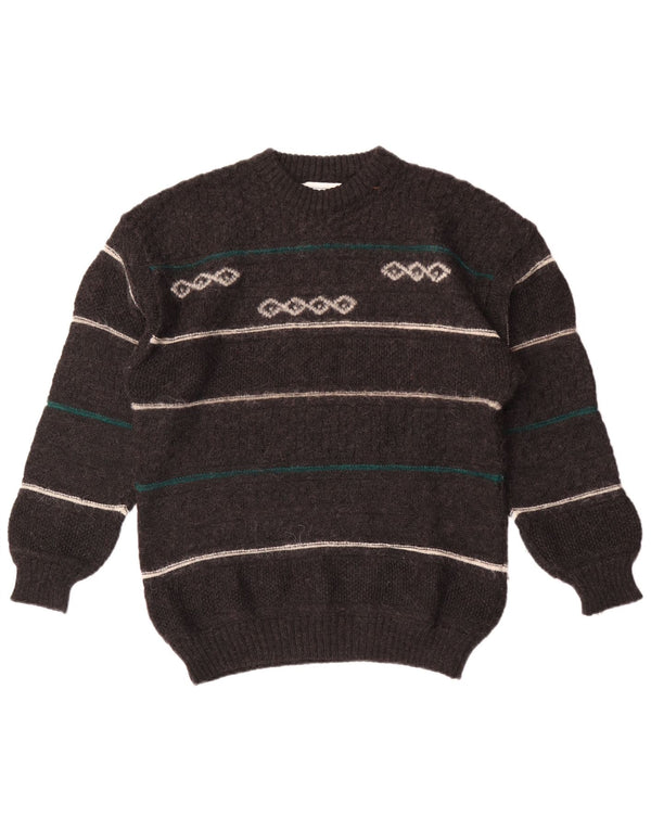 Vintage hombres cuello redondo jersey suéter medio gris rayas lana