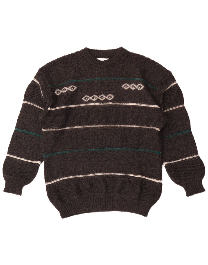 Vintage hombres cuello redondo jersey suéter medio gris rayas lana