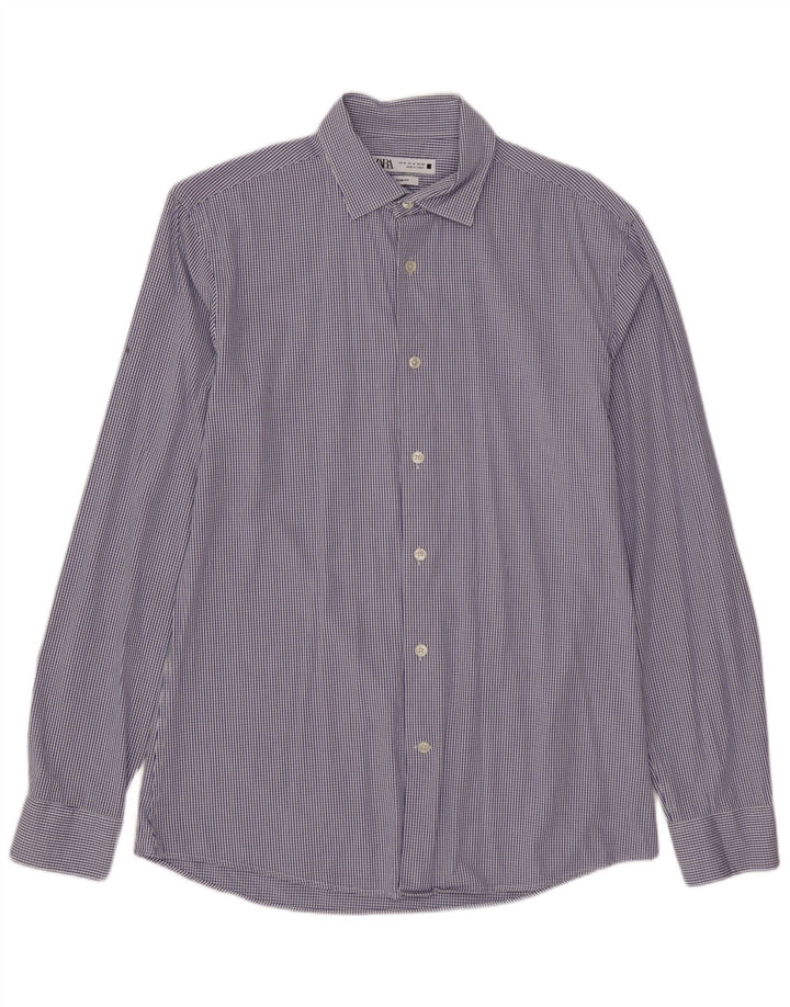 ZARA Hombre Camisa Slim Fit Algodón Cuadros Azul Medio