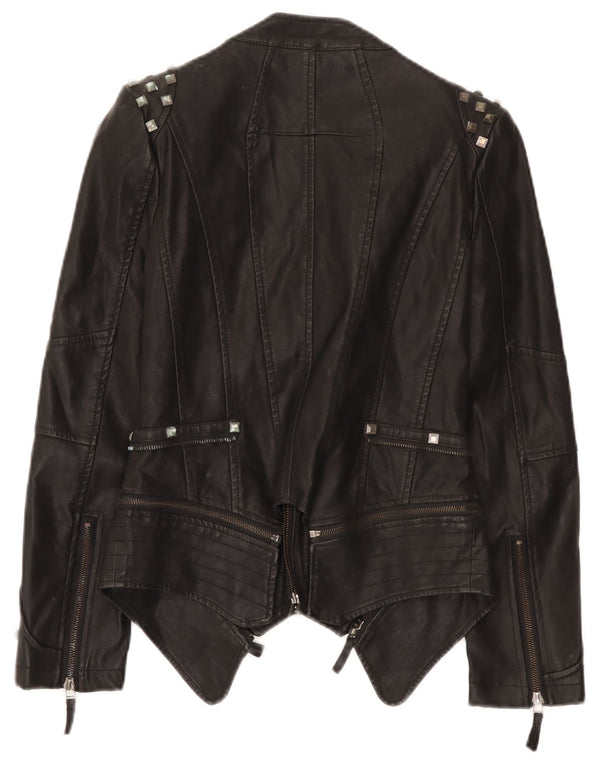 Vintage mujer cuero biker chaqueta Reino Unido 10 pequeño negro
