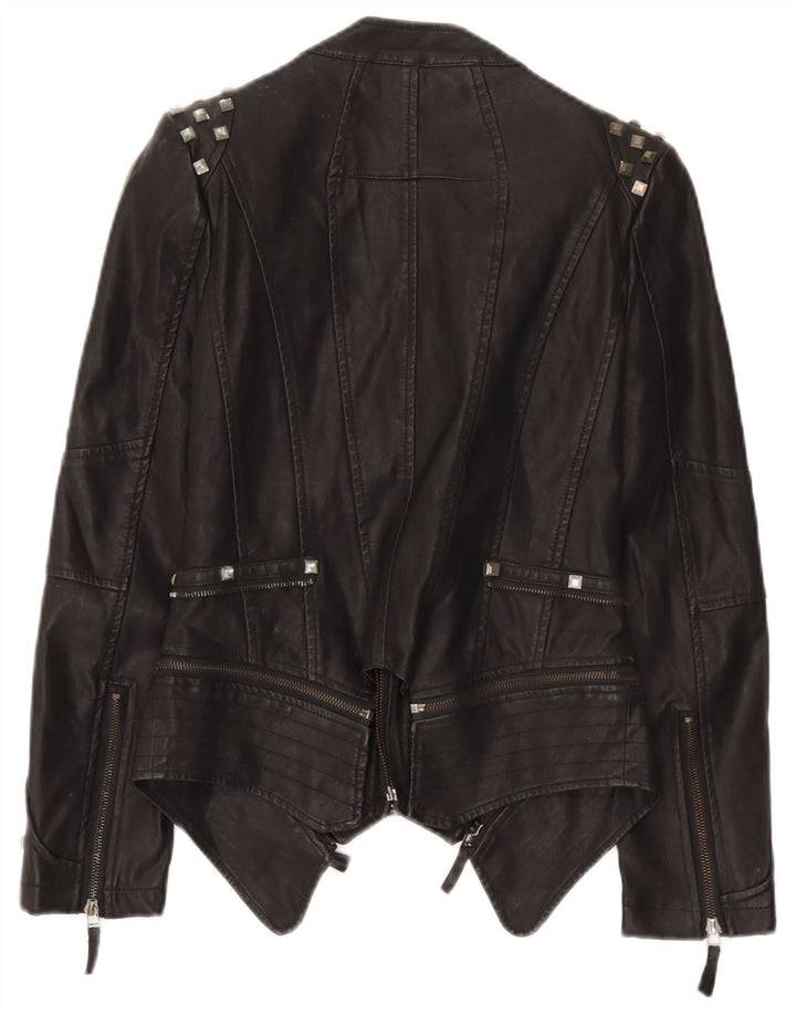 Vintage mujer cuero biker chaqueta Reino Unido 10 pequeño negro