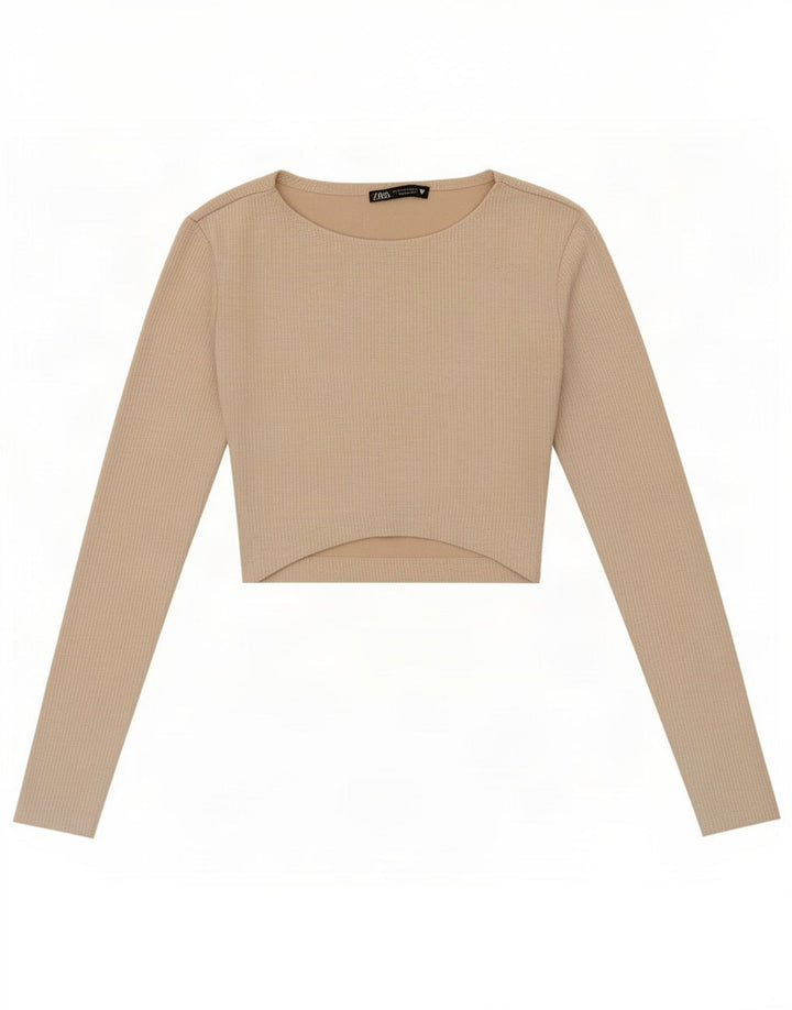 Zara Mujer Crop Top Manga Larga UK 8 Small Beige Poliéster