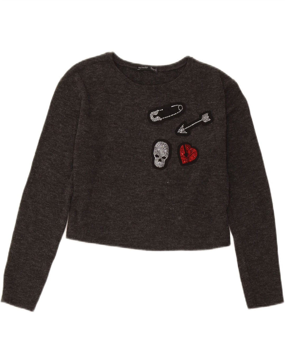 Zara Mujer Crop Graphic Top Manga Larga UK 10 Small Gris
