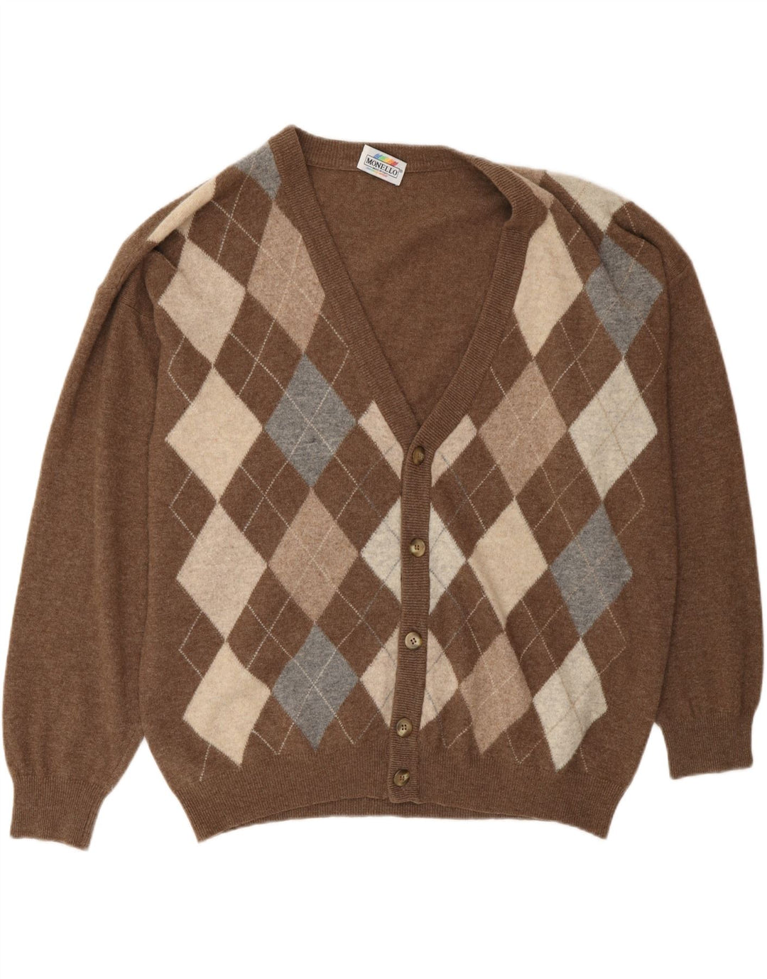 MONELLO Cárdigan para hombre IT 52 Large Brown Argyle/Diamond Wool