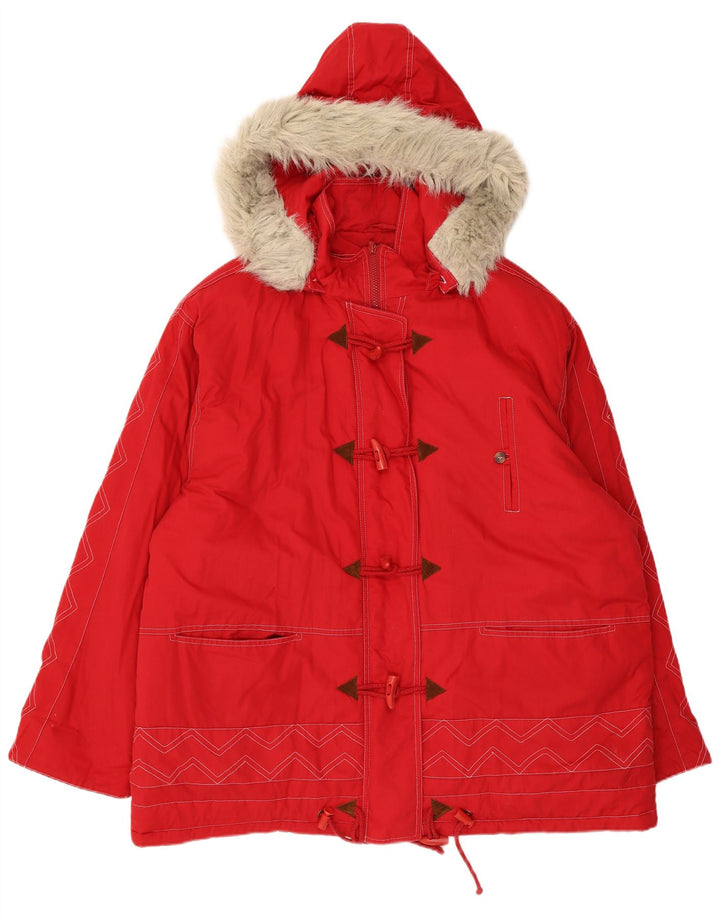 Vintage mujer con capucha Parka chaqueta Reino Unido 24 4XL rojo Chevron poliéster
